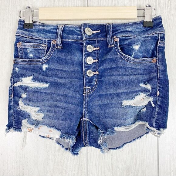 American Eagle Outfitters Pants - American Eagle | Medium Wash Button Fly Distressed Hi Rise Shortie Size 2